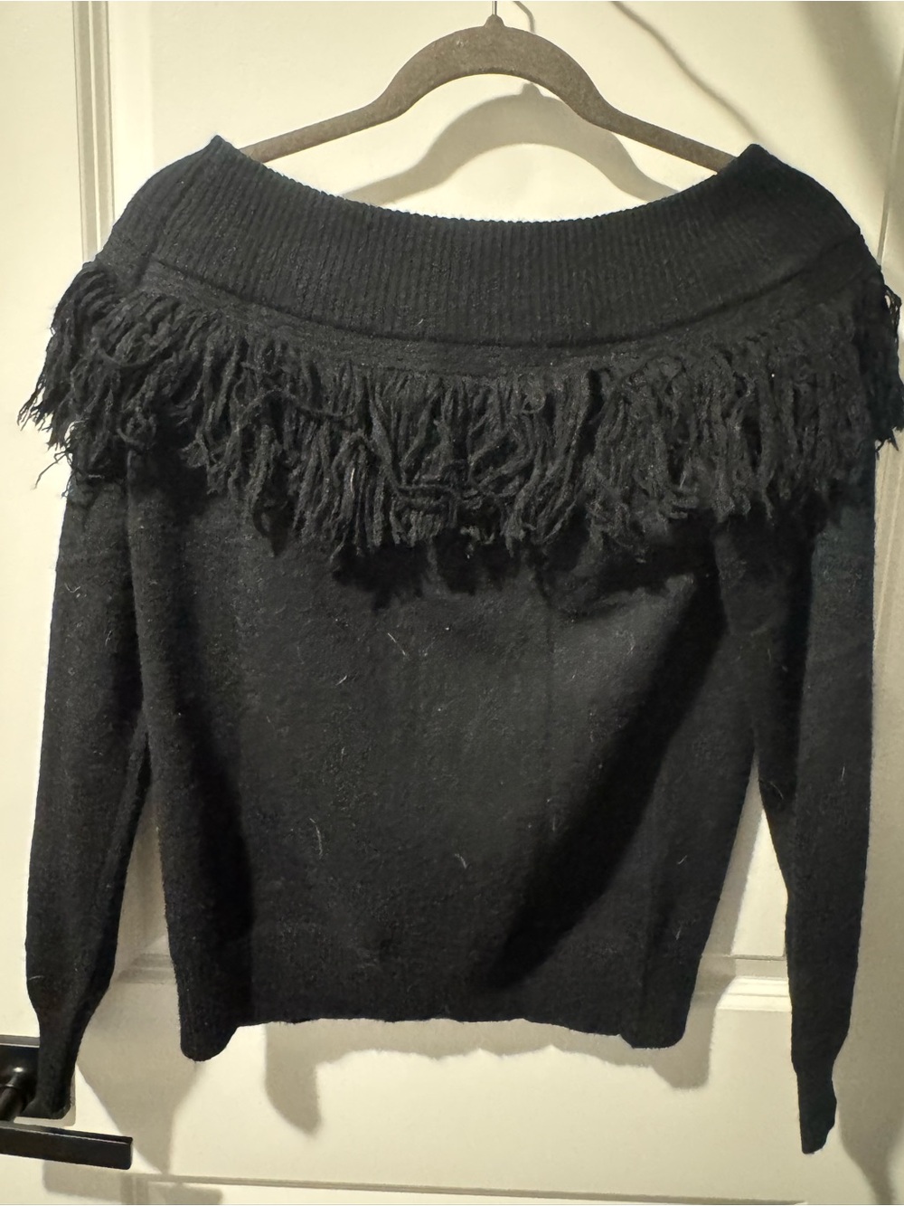 Black Fringe Off-Shoulder Sweater